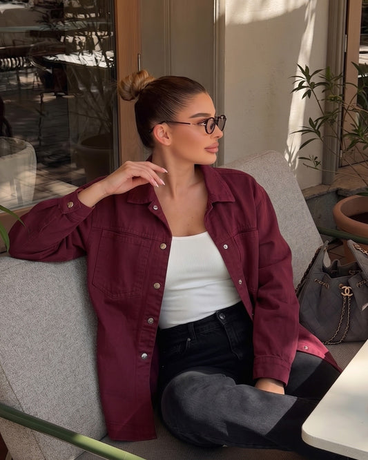 Relaxed Fit Gabardine Shirt Jacket | Burgundy - ZAYA Jeans