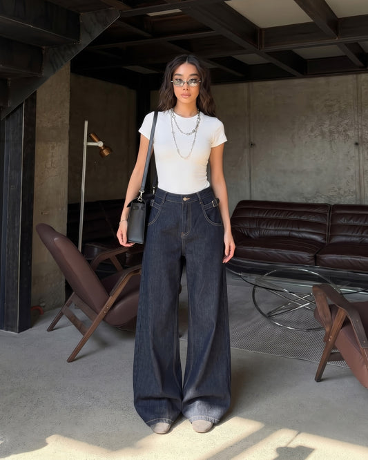 High-Waist Wide Leg Jeans with Side Buckle | Dark Wash - ZAYA Jeans